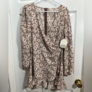 Altar'd State Brown, White & Rust Daisy Wrap Dress